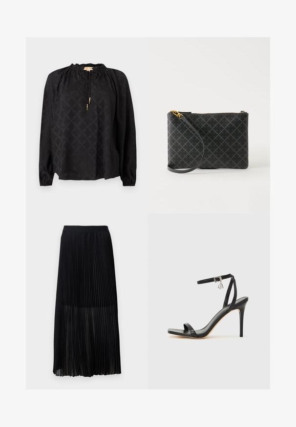Zwarte blouse met lange mouwen, een geplooide halslijn, trekkoord en een subtiel tonale patroon overal. Mouwen met elastische boorden.; Zwarte geplooide midi-rok met een gladde, elastische tailleband en doorschijnende overlay, met fijne verticale plooien door de stof.; Zwarte sandaal met hoge hak, smalle enkelband, vierkante neus, soepel leermateriaal en metalen gespsluiting.; Zwarte polstas met grijs diamantenpatroon, gouden ritssluiting en afneembare band op een effen lichte achtergrond.