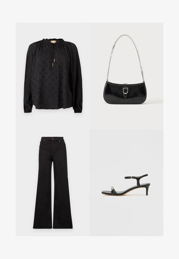 Sort langærmet bluse med en indsnævret halsudskæring, snørre og et diskret tone-i-tone mønster over hele. Ærmer med elastiske manchetter.; Sorte flared jeans lavet af denim med høj talje, med forlommer og metaldele på knappen og nitterne.; Sort læder sandal med hæl og ankelrem, åben tå, firkantet front og sølvfarvede metalaccenter. Figurformet design med en slank profil.; Sort skuldertaske i laklæder med sølv spænde og sølv kæderem, vist mod en ensartet lys baggrund.