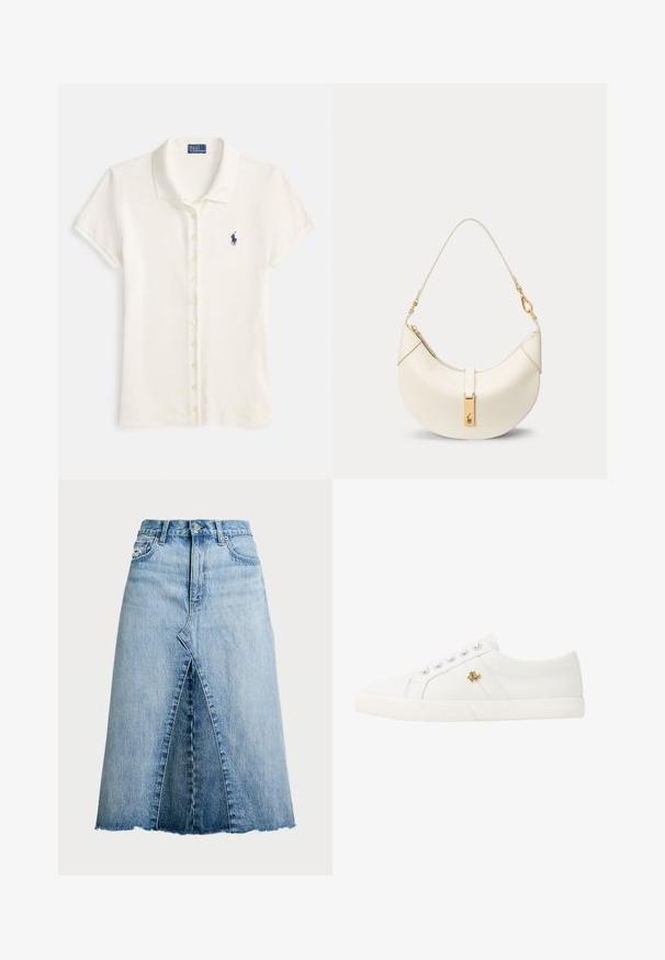 Polo shirt i off-white bomuld med korte ærmer, krave og en knaplukning. Har en lille marineblå logo på brystet.; Polo Ralph Lauren PANELED DENIM A LINE SKIRT - A-snit nederdel - lindale wash; Lauren Ralph Lauren JANSON II CANVAS SNEAKER - Sneakers - optic white; Kremfarvet halvmåne lædertaske med kort rem og guldfarvet spænde med lille indgraveret logo.