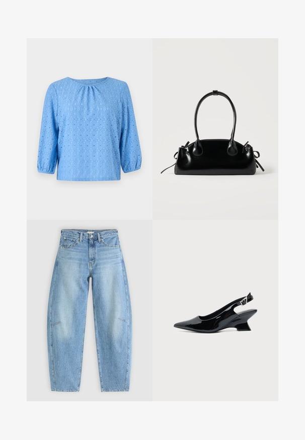 Lyseblå bluse med trekvartærmer, struktureret diamantmønster og samlet detalje ved halsudskæringen. Lavet af åndbart stof.; Lyseblå denimjeans med en afslappet pasform, der har høj talje, lige ben og diskrete syninger på frontlommen.; Sort laklæder slingback sko med spids tå og lav vinklet blokhæl på ensartet lys baggrund.; Lille sort blank håndtaske med to lange håndtag og snøre-detaljer i siden på en ensfarvet lys baggrund.