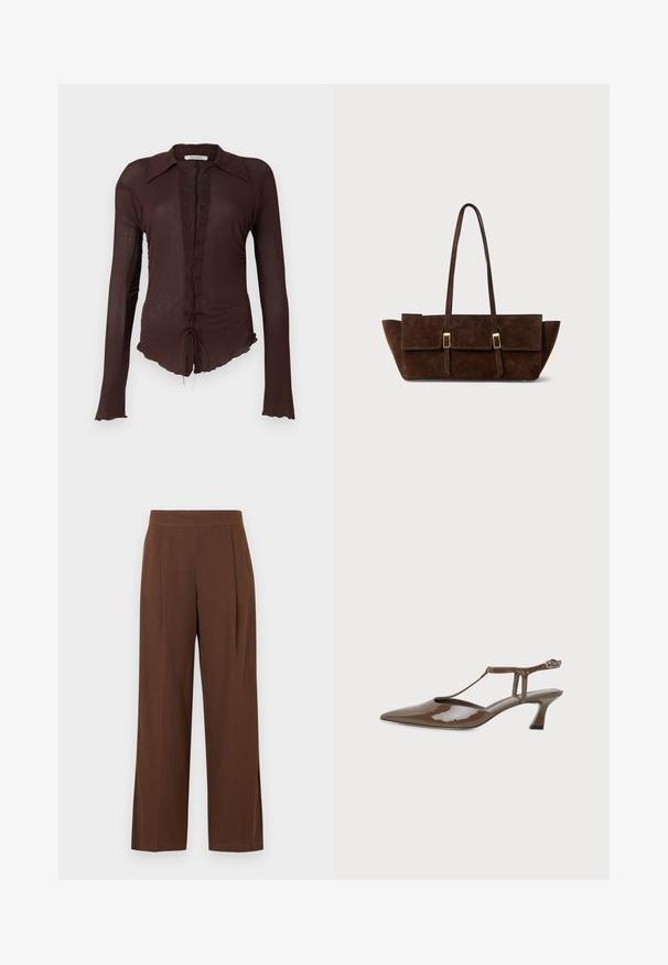 Blouse longue à manches marron avec un devant à lacets, un col pointu et un ourlet en bordure festonnée. Fabriquée en matériau léger et légèrement transparent.; Pantalon marron à jambes larges avec une texture lisse, présentant un devant plat et des plis. La taille est élastiquée pour le confort et l'ajustement.; Chaussure slingback en cuir verni marron, bout pointu, petit talon kitten, fine bride en T et fermeture à boucle à la cheville.; Sac à main en daim marron foncé avec longues bretelles doubles, forme rectangulaire et trois poches à rabat avec fermetures à boucle ton or.