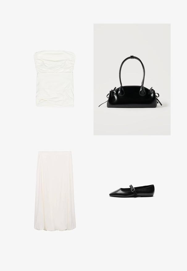 Robe mini blanche bustier froncée avec une silhouette ajustée, fabriquée en tissu lisse, présentée à plat sur un fond blanc.; Jupe blanche mi-longue avec un design fluide et une texture douce. Style simple sans motifs visibles ni détails en métal.; Chaussure noire plate en cuir avec un bout pointu, bride réglable avec une boucle en métal, texture lisse et design minimaliste.; Petit sac à main noir brillant avec deux longues anses et des détails à cordon sur les côtés sur un fond clair uni.