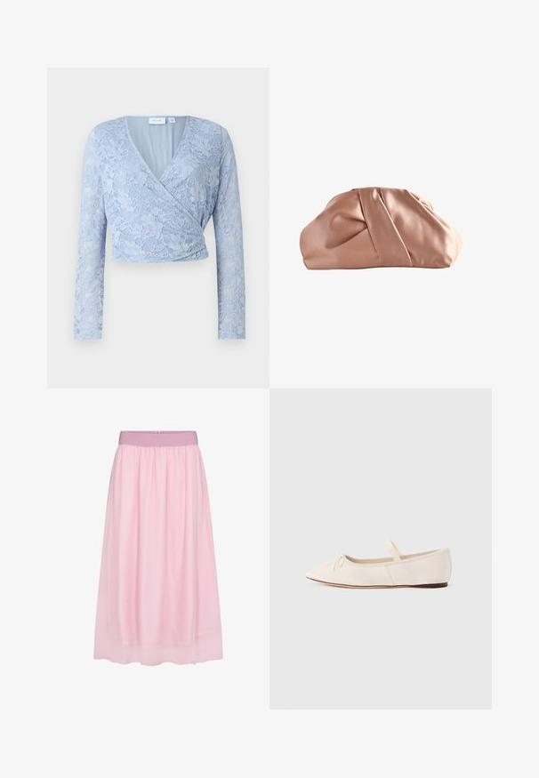 Lysblå blondetop med kort længde, V-udskæring, lange ærmer og indviklet design. Har detaljerede blomster mønstre og en glat inderside.; Rosa tylskørt med et blødt, gennemsigtigt design. Har en elastisk talje og en svævende silhuet, der skaber en lagdelt effekt.; Ballerinasko med lys beige ruskindsoverdel, spids tå og en tynd elastikrem over vristen. Flad sål med minimal gummidetalje.; Blød lyserød satin clutchtaske med opsamlede folder og en central omviklingsdetalje, hvilende mod en ensfarvet hvid baggrund.