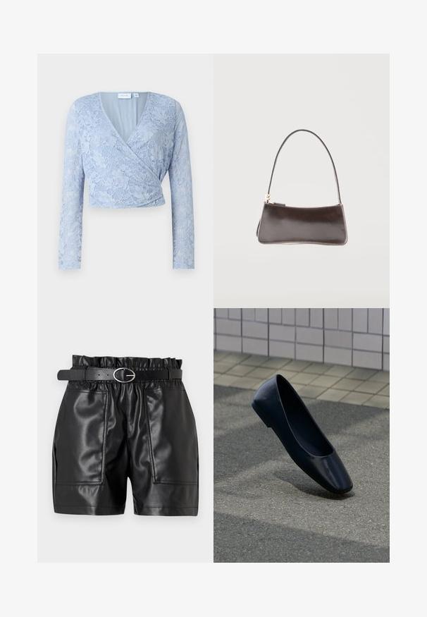 Top corto de encaje azul claro con escote en V, mangas largas y diseño envolvente. Presenta intrincados patrones florales y un forro interior suave.; Pantalones cortos de cuero sintético negro con una cinturilla elástica, una textura suave y dos bolsillos frontales, complementados por un cinturón estrecho con hebilla plateada.; Zapato plano de cuero negro, de pie verticalmente sobre una superficie de asfalto cerca del borde de una acera con baldosas.; Pequeño bolso rectangular de cuero marrón oscuro con una sola correa y cierre de cremallera dorado.
