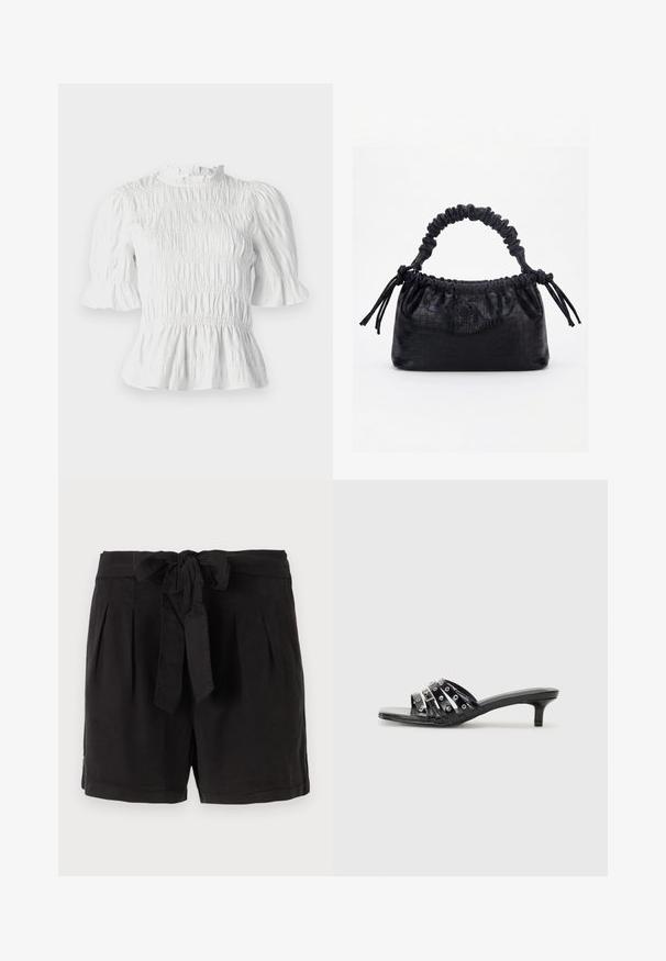 Hvid kortærmet bluse med samlet tekstur, flæsekrave og udvidede ærmer. Har en peplum-søm og elastisk talje.; Sorte bomuldsshorts med bindebælte i taljen, plisséer foran og sidelommer. Glat tekstur og afslappet design.; Sorte hælede sandaler med flere glossy stropper og metalliske accenter, med en spids tå og beskedne kittenhæle. Glat tekstur.; Sort taske med krokodilletekstur, rynket øverste kant, samlet hank og snore med kvaster på hver side mod en hvid baggrund.
