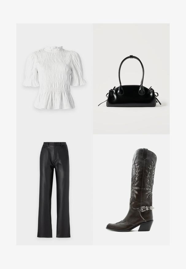 Blouse blanche à manches courtes avec une texture froncée, un col volanté et des manches évasées. Dotée d'une taille élastiquée et d'un ourlet peplum.; Pantalons noirs en faux cuir avec une coupe droite, comportant des poches avant, une fermeture éclair et un bouton. Texture lisse.; Botte de cowboy en cuir noir avec découpes décoratives, boucle argentée et talon incliné, présentée sur fond blanc.; Petit sac à main noir brillant avec deux longues anses et des détails à cordon sur les côtés sur un fond clair uni.