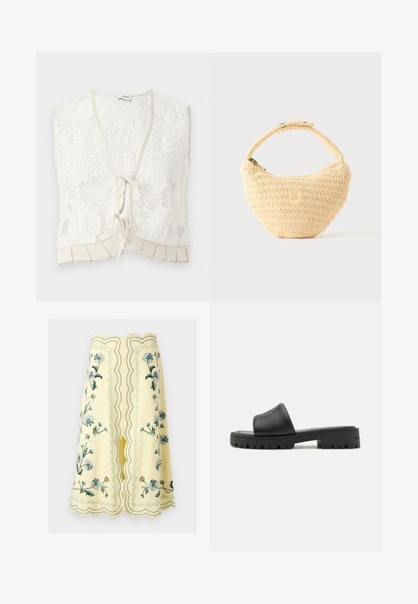Top sans manches en dentelle blanche avec motifs floraux, col en V, fermeture à nouer devant et détail plissé à l'ourlet.; Jupe jaune mi-genoux avec bords festonnés et broderie florale en bleu, vert et jaune, avec une fente centrale et des coutures décoratives.; MARC JACOBS Mules - black; Sac à main beige tissé avec corps arrondi, fermeture éclair et une sangle courte et épaisse dans un style crochet simple et texturé.