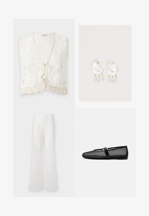 Top sans manches en dentelle blanche avec motifs floraux, col en V, fermeture à nouer devant et détail plissé à l'ourlet.; Pantalons évasés blancs en tissu texturé présentant un motif en diamant. La taille est lisse, sans matériel ou accents visibles.; Ballerine noire en mesh avec bout rond et bride Mary Jane réglable avec boucle argentée, sur un fond gris clair uni.; Boucles d'oreilles en résine transparente en forme de coquillage avec de petits accents dorés et trois breloques translucides en forme de goutte pendantes sur chaque boucle d'oreille.