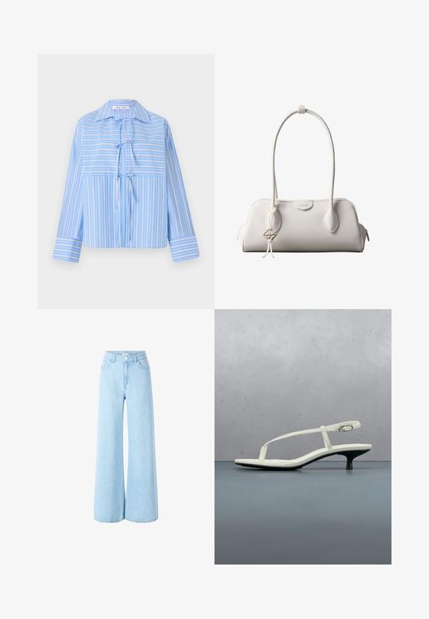 Blåstribet bluse med krave, bånd detalje foran og lange ærmer. Har skiftende lyse og mørke striber i en glat stof.; Lyseblå, vide denimbukser med høj talje, forlommer og en enkelt knaplukning. Glat tekstur med en ensartet vask.; Hvid sandal med stropper og kitten-hæl med spids tå, svævende over et trægulv udendørs med en sløret plante og væg i baggrunden.; Hvid Calvin Klein skuldertaske med lange håndtag, rektangulær form, lynlåslukning og dekorativt logohæng tæt på håndtaget.