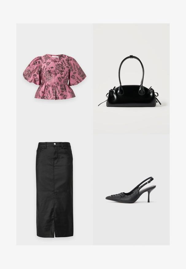 Peplum-Oberteil aus pinkem Stoff mit dunklem Floral-Muster. Mit Puffärmeln, Knöpfen vorne und einer strukturierten Oberfläche.; Schwarzer Denim-Midirock mit Schlitz vorne, Fünf-Taschen-Design und Metallknopfverschluss. Glatte Textur und klassischer gerader Schnitt.; Schwarzer Leder-Slingback-Stiletto mit spitzem Zehenaufsatz, seitlichem Schnallenriemen, Nieten entlang der Kante und dekorativer Schnürung vorne.; Kleine schwarze glänzende Handtasche mit zwei langen Griffen und seitlichen Kordelzug-Details vor einfachem hellem Hintergrund.