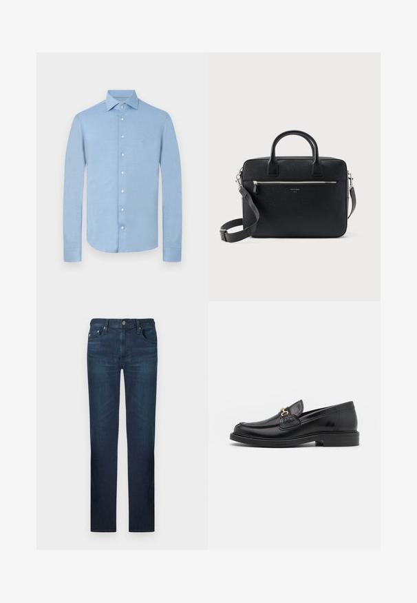Hellblaues Langarm-Hemd mit Knopfleiste, klassischem Kragen und weißen Knöpfen, auf hellem, schlichten Hintergrund präsentiert.; Dunkelblaue Denim-Jeans mit geradem Bein-Design, klassischer Fünf-Taschen-Anordnung und Metallknopfverschluss. Glatte Textur.; Schwarze Lederleter mit einer abgerundeten Zehenpartie, ausgestattet mit goldenen Hardwareakzenten und Stichdetails, auf einer niedrigen, strukturierten Gummisohle.; Schwarze strukturierte rechteckige Lederaktentasche mit Doppelgriffen, vorderer Reißverschlusstasche und verstellbarem Schultergurt, auf weißem Hintergrund dargestellt.