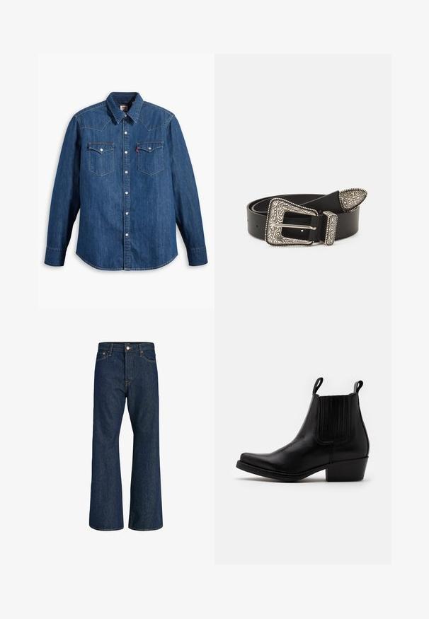 Denim skjorte i mørkeblå med lange ærmer, spids krave og trykknapper. Har to brystlommer med klapper og kontrastsying.; Mørkeblå højttaljede denimjeans med vide ben, knap- og lynlåslukning foran, bæltestropper samt for- og baglommer.; Kentucky's Western Cowboy- / bikerstøvlette - black; Sort læderbælte med en udsmykket sølvspænde med indviklede graveringer og en dekorativ spids, der fremhæver tekstur og håndværk.