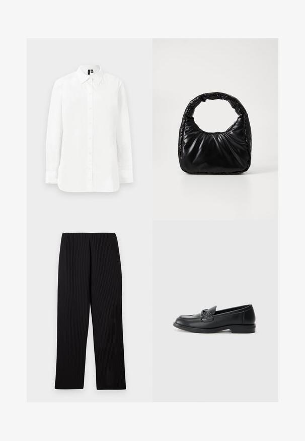 Chemise blanche à manches longues avec boutons, col pointu, poignets standards et ourlet droit sur fond clair uni.; Pantalon noir côtelé à large jambe. Caractérisé par une texture lisse et une taille élastique. Coupe droite jusqu'à la cheville.; Mocassins en cuir noir avec un bout arrondi, un design cousu et un accent en nœud sur la tige. Talon bas et texture lisse.; Sac à main noir rembourré avec une poignée arrondie, présentant une surface lisse et brillante ainsi qu'une texture douce et matelassée. Pas de quincaillerie ou d'accents visibles.