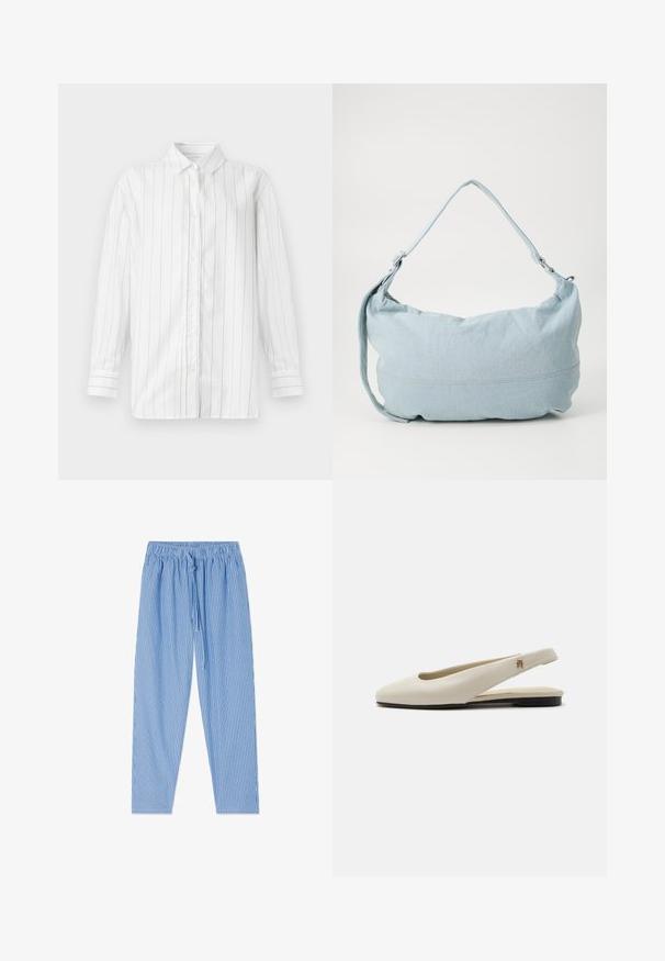 Witte button-up blouse met verticale zwarte strepen, lange mouwen, klassieke kraag en een rechte zoom. Gemaakt van lichtgewicht stof.; Blauw-witte verticale gestreepte broek met elastische tailleband en trekkoord, plat neergelegd op een witte achtergrond.; Crèmekleurige leren slingback platte schoen met ronde neus en klein gouden embleem op het bandje.; Lichtblauwe denim schoudertas met een ronde vorm, verstelbare schouderband en subtiele stiksels langs de onderrand. Zachte textuur.