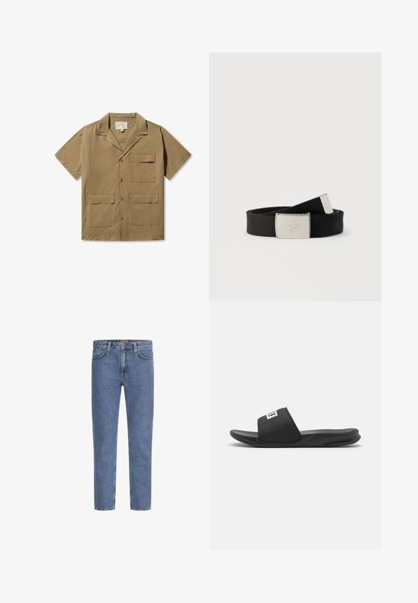 Kortærmet, button-up skjorte i tan stof, med en camp krave og to frontlommer. Glat tekstur med en afslappet pasform.; Lyseblå denimjeans med lige ben, fem lommer og kontrastsyede syninger. Let falmet for et slidt look. Kraftig metal knap.; Sorte slidesandaler med en tekstureret overdel og en glat gummisål. Har en bred rem og en logo-detalje på forsiden.; Sort stofbælte med en sølvfarvet metalspænde graveret med en kolibri, lagt sammenrullet på en hvid baggrund.