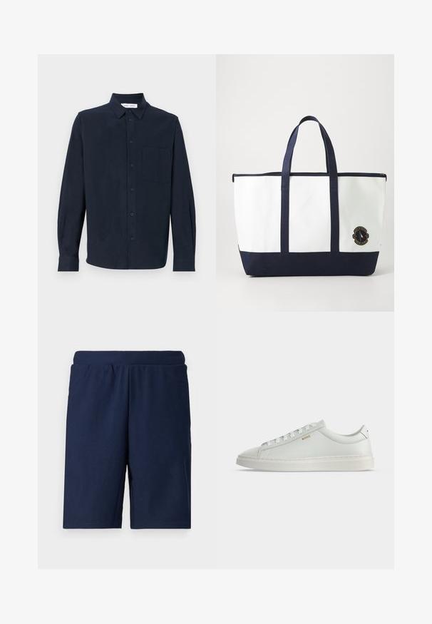 Camisa de manga larga azul marino hecha de tela suave, con un cierre de botones en la parte delantera, cuello puntiagudo y un bolsillo en el pecho.; Pantalones cortos deportivos de color azul marino con textura acanalada, cinturilla elástica y corte recto, diseñados para ofrecer comodidad y facilidad de movimiento.; Zapatilla blanca de cuero de corte bajo con cordones, suela plana y pequeño logo dorado "BOSS" en el lateral, vista desde el lado exterior.; Bolso tote hecho de lona blanca con acentos en azul marino. Presenta dos asas resistentes y un parche de logo en la parte frontal. Forma rectangular.