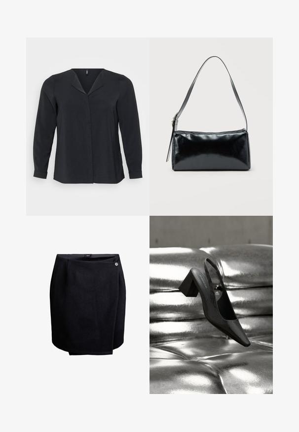 Blouse noire à manches longues avec un décolleté en V, en tissu doux et texturé, et coupe droite. Présente des détails de couture subtils et des poignets à boutons.; Jupe noire enveloppante avec une fermeture à bouton sur le côté, fabriquée en tissu lisse, arrivant au genou avec un léger détail de superposition.; Escarpin noir à bride arrière avec bout pointu, présentant une surface texturée et un talon bloc épais. Posé sur un fond métallique brillant.; Sac d'épaule rectangulaire noir avec une sangle réglable unique et une fermeture éclair supérieure sur un fond uni.