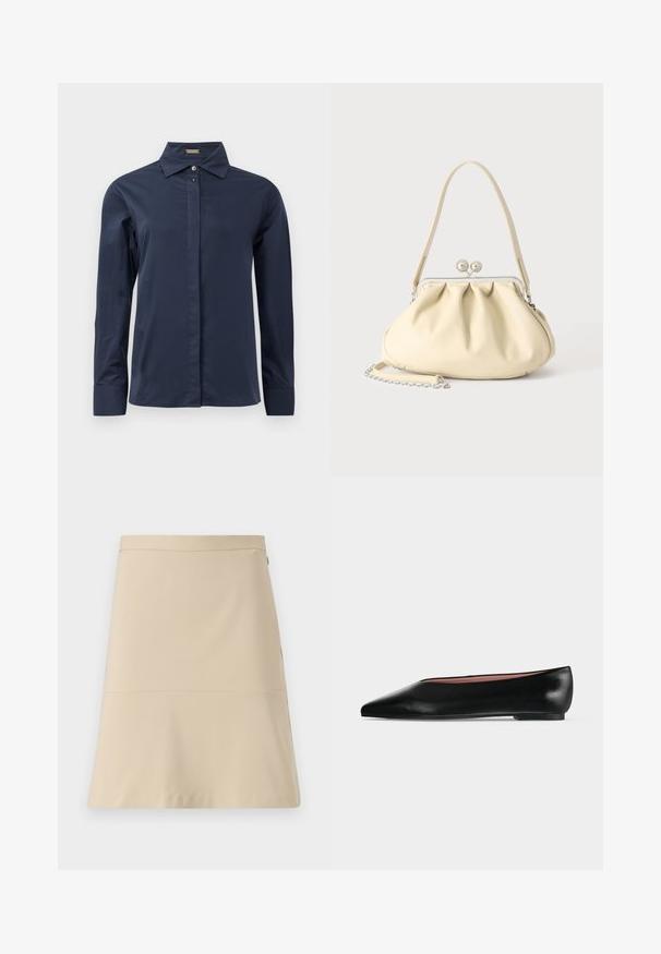 Chemise boutonnée à manches longues bleu marine, en tissu léger et lisse. Équipée d'un col classique et d'une patte de boutonnage discrète.; Jupe beige à design évasé, texture lisse et détail de couture horizontale autour de la taille. Dispose d'une fermeture éclair sur le côté.; Chaussure plate en cuir noir pour femme, avec bout pointu et petit talon, vue de côté sur un fond gris clair uni.; Sac à main en cuir souple couleur crème avec un design froncé, fermoir cadre argenté, poignée courte et bandoulière chaîne amovible.