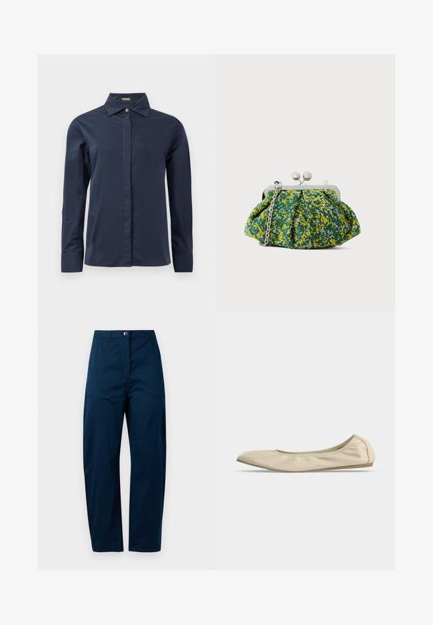 Marineblauwe, lange mouwen blouse met een gladde, lichtgewicht stof. Heeft een klassieke kraag en een discrete frontknoopsluiting.; Marineblauwe broek met een recht model, voorzien van een sluiting met een knoop aan de voorkant, twee zijzakken en een gladde, gestructureerde stofafwerking.; Beige zachte leren ballerina met afgeronde neus, laag uitgesneden zijprofiel en slanke rubberen zool op een effen witte achtergrond.; Clutchtas van groene stof met geel- en blauwe bloemenprint, zilveren metalen frame en kettingriem. Geplooid design voegt textuur toe.