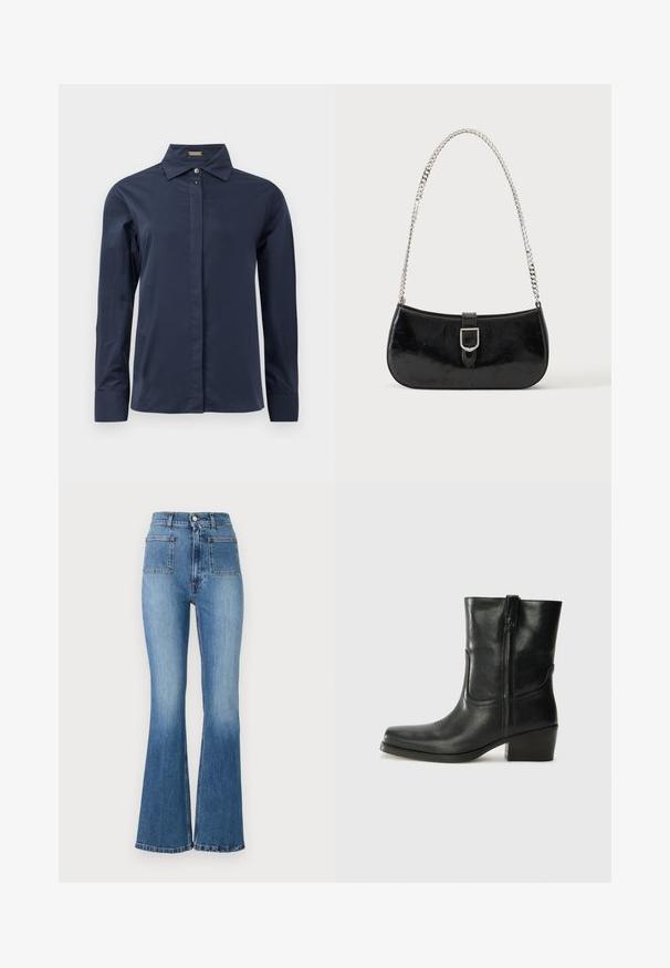 Marineblå, langærmet skjorte med knapper lavet af et glat, let materiale. Har en klassisk krave og en diskret frontplacket.; Bredde blå denim jeans med høj talje, der har to baglommer og en falmet vask. Nederkanten er syet med et subtilt design.; Sort læder ankelstøvle med rundt tå, blokhæl, lynlås i siden og stikninger på vampsiden. Glat tekstur, klassisk design.; Sort skuldertaske i laklæder med sølv spænde og sølv kæderem, vist mod en ensartet lys baggrund.