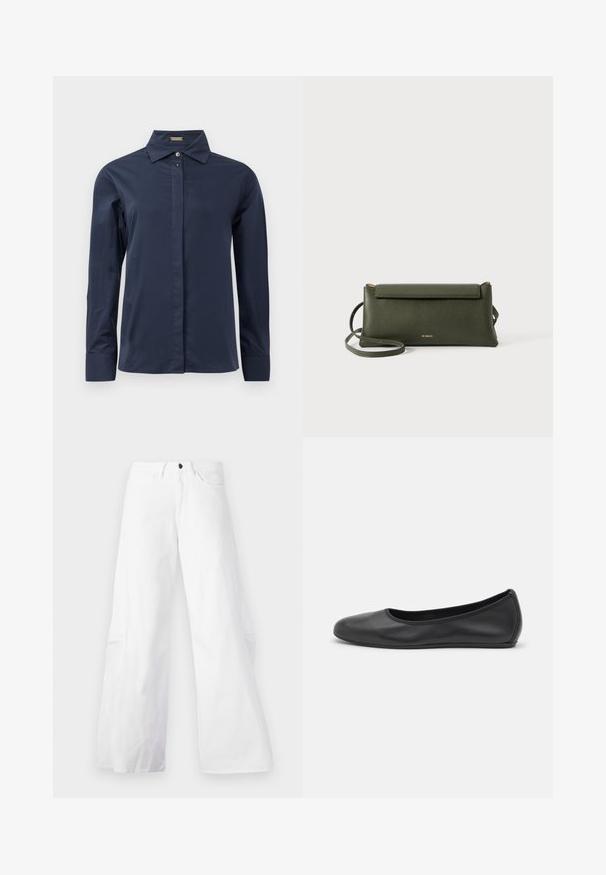 Chemise boutonnée à manches longues bleu marine, en tissu léger et lisse. Équipée d'un col classique et d'une patte de boutonnage discrète.; Pantalons en denim blancs à jambes larges avec un design à cinq poches. Dotés d'un bouton noir et d'une fermeture éclair. Texture lisse, silhouette droite.; Ballerines en cuir noir avec un bout rond, texture lisse, détails de couture minimalistes et design de semelle flexible.; Sac en cuir texturé vert foncé, porté en travers du corps, avec fermeture à rabat et fine sangle réglable, embossé d'un petit logo doré "Bee Projects".