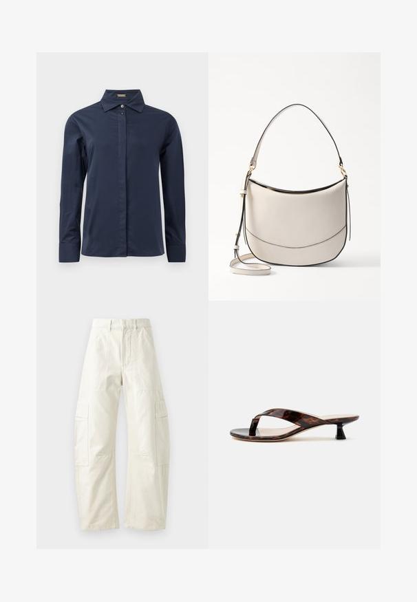 Marineblauwe, lange mouwen blouse met een gladde, lichtgewicht stof. Heeft een klassieke kraag en een discrete frontknoopsluiting.; Beige cargobroek met een losse pasvorm, voorzien van meerdere opgestikte zakken, een ritsluiting en een gestructureerde afwerking. Gemaakt van duurzaam katoen.; Bruine schildpad kitten hak sandaal met teenslipperriem en vierkante neus op een effen lichte achtergrond.; Vanessa Bruno DAILY - Handtas - ivoire