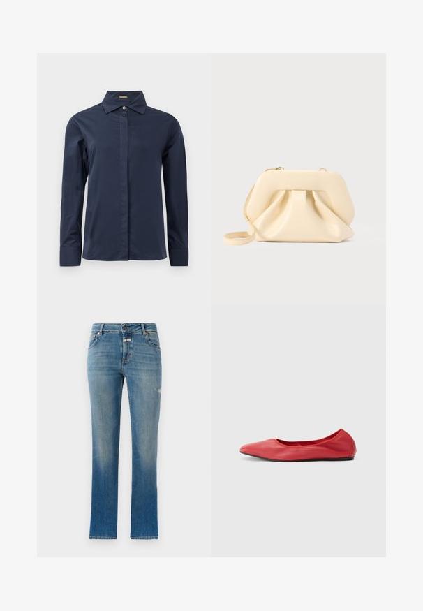 Marineblå, langærmet skjorte med knapper lavet af et glat, let materiale. Har en klassisk krave og en diskret frontplacket.; Lysblå lige ben jeans lavet af denim. Har en mid-rise talje, frontlommer og let slitage på stoffet.; Filippa K REY FLATS - Ballerinasko - bright red; Beige blød læder clutch-taske med struktureret ramme og rynket frontdetalje, med en tynd håndledsrem og guldlås.