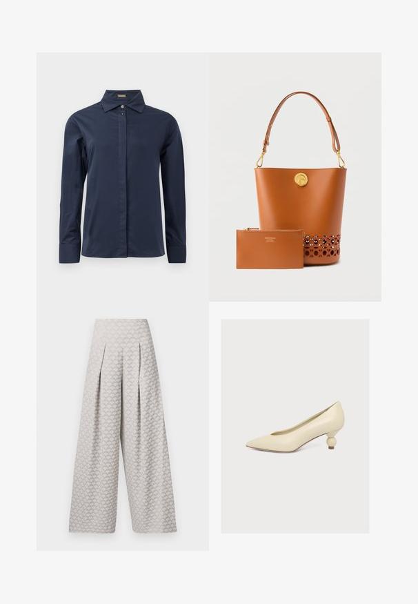 Marineblauwe, lange mouwen blouse met een gladde, lichtgewicht stof. Heeft een klassieke kraag en een discrete frontknoopsluiting.; Lichtgrijze wijde broek met een textuurpatroon dat lijkt op kleine driehoeken, met een hoge taille en plooien voor extra structuur.; Crèmekleurige pumps met een puntige neus en een lage, unieke bolvormige hak op een effen witte achtergrond.; Tan leren bucketbag met gouden gesp, verstelbare riem en bijpassend ritsvakje met merklogo aan de voorkant.