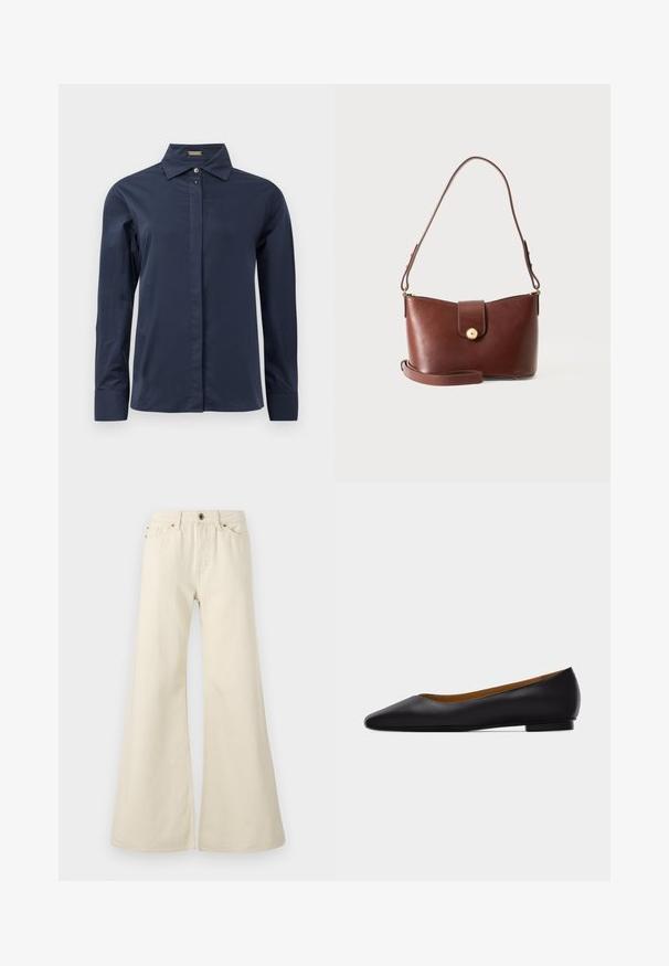 Marineblaues, langärmliges Hemd mit Knöpfen aus glattem, leichtem Stoff. Verfügt über einen klassischen Kragen und eine dezente Vorderleiste.; Hellbeige weite Jeans aus Baumwolle. Besitzt eine hohe Taille, fünf Taschen und einen Knopfverschluss mit kontrastierenden Nahtdetails.; Schwarzer flacher Schuh aus Leder mit spitz zulaufender Vorderkappe, niedrigem Absatz und glatter Oberfläche, von der Seite vor einem hellgrauen Hintergrund dargestellt.; Braune Lederschultertasche mit goldenem Knopfverschluss, kurzem Griff und zusätzlichem abnehmbarem Riemen vor einfachem Hintergrund.