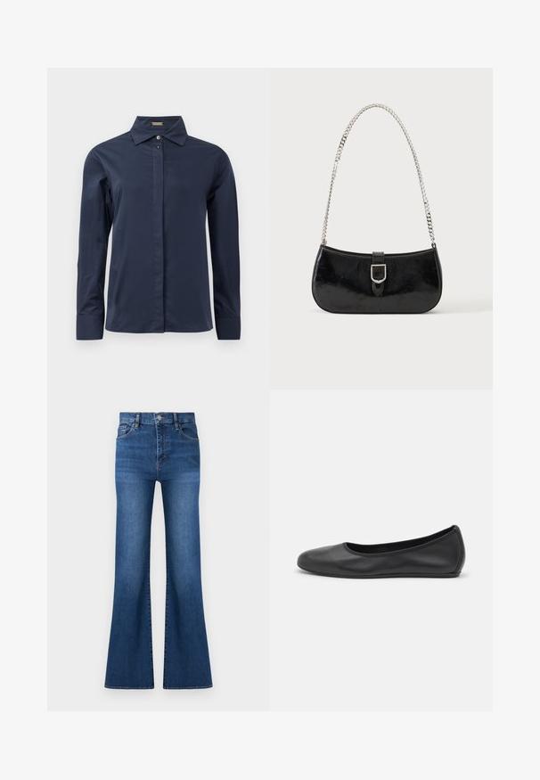 Chemise boutonnée à manches longues bleu marine, en tissu léger et lisse. Équipée d'un col classique et d'une patte de boutonnage discrète.; Jean en denim bleu taille haute avec fermeture à boutons, poches avant, et jambes larges légèrement évasées sur fond blanc.; Ballerines en cuir noir avec un bout rond, texture lisse, détails de couture minimalistes et design de semelle flexible.; Sac à épaule en cuir verni noir avec détail de boucle argentée et bandoulière en chaîne argentée, présenté sur un fond uni clair.