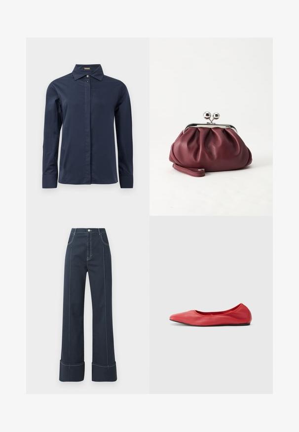 Chemise boutonnée à manches longues bleu marine, en tissu léger et lisse. Équipée d'un col classique et d'une patte de boutonnage discrète.; Jean large bleu foncé en denim, avec des coutures blanches contrastantes et un ourlet replié. Taille haute avec deux poches avant.; Filippa K REY FLATS - Ballerines - bright red; Petit sac pochette en cuir bordeaux avec fermoir métallique argenté et bracelet sur fond blanc.