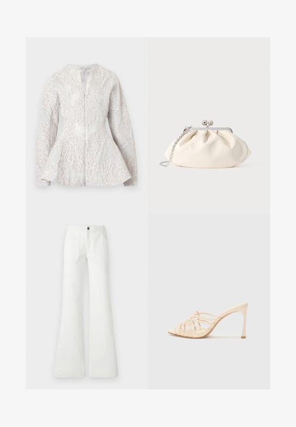 Blazer blanc à manches longues avec un motif floral texturé subtil, taille ajustée et ourlet légèrement évasé, fermeture éclair devant.; Pantalon évasé blanc en tissu tissé, avec une ceinture tressée, deux poches avant et une texture lisse. Fermé avec un bouton noir.; Mules à talons hauts beiges avec un design à lanières. Présentent un bout carré, une texture lisse et un talon élancé avec un accent doré à la base.; Pochette en tissu crème avec un design froncé, cadre en métal argenté, deux boules décoratives, et une bandoulière chaîne argentée.