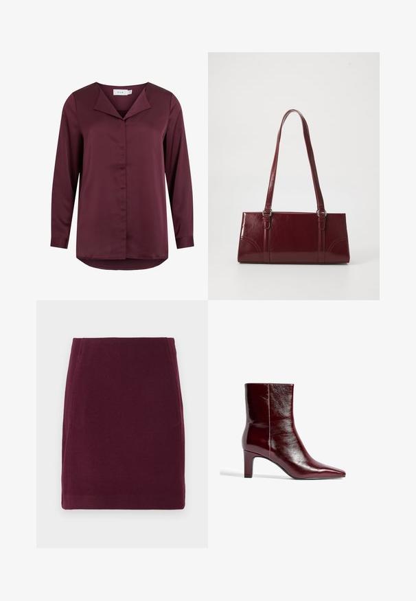 Blouse bordeaux foncé à manches longues avec col plié et fermeture à boutons dissimulée sur le devant, réalisée en tissu lisse.; Vero Moda VMFORTUNALLISON SHORT - Jupe trapèze - winetasting; Bottine en cuir bordeaux avec un bout pointu, un design épuré et un talon bloc moyen. Texture lisse et détails de couture minimaux.; Sac à main bordeaux en matériau brillant, de forme rectangulaire, avec deux anses et des accents légèrement courbés à l'avant.