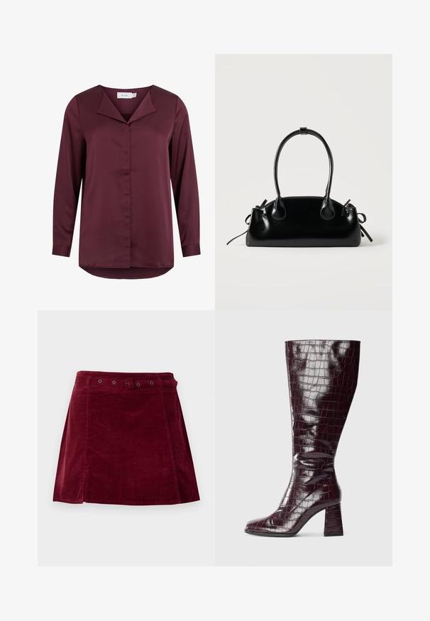 Blouse bordeaux foncé à manches longues avec col plié et fermeture à boutons dissimulée sur le devant, réalisée en tissu lisse.; Jupe en velours côtelé rouge foncé avec une ceinture assortie et des œillets métalliques, présentant une légère forme trapèze et un détail sur le panneau avant.; Botte à genoux bordeaux foncé avec texture crocodile et talon bloc sur fond blanc, vue de côté.; Petit sac à main noir brillant avec deux longues anses et des détails à cordon sur les côtés sur un fond clair uni.