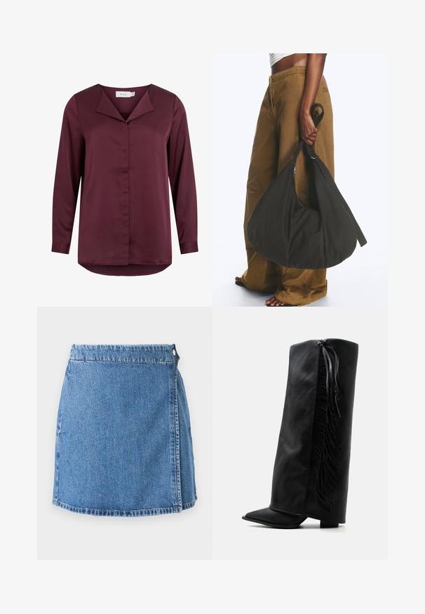 Pitkähihainen tumma viininpunainen paita käänteellä ja piilotetulla napituksella edessä, valmistettu sileästä kankaasta.; Denim mini hame, jossa on sininen pesu, etupuolella läppä, kaksi metallinappia ja näkyvä ompelu helman ja reunojen ympärillä.; Musta nahkainen polven korkeudella oleva saapas, jossa on terävä kärki ja koristeellinen hapsutus ulkosivulla valkoista taustaa vasten.; Henkilö, jolla on päällään ruskeat leveälahkeiset housut ja valkoinen paita, pitää kättään suuren mustan löysän käsilaukun hihnasta vierellään.