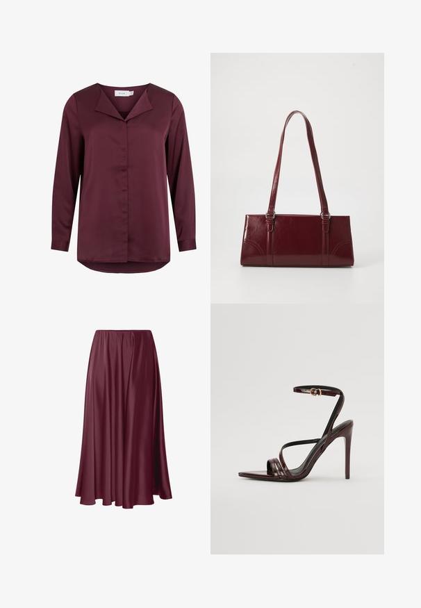 Donkerbordeaux blouse met lange mouwen, een omgeslagen kraag en een verborgen knoopsluiting aan de voorkant, gemaakt van gladde stof.; Bordeaux lange rok van soepele, glanzende stof met een vloeiende uitstraling en een elastische tailleband. Geen patronen of accenten aanwezig.; Bordeaux gepatineerde leren hoge hakken sandaal met een enkelbandje, puntige neus en drie horizontale banden over de voet. Details met gouden gesp.; Bourgondische handtas van glanzend materiaal, rechthoekige vorm, met twee schouderbanden en subtiele gebogen accenten aan de voorkant.