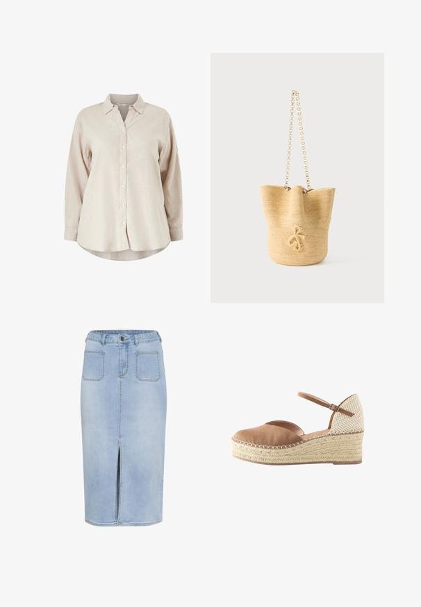 Beige skjorte med lange ærmer, knapper, krave, buet kant og løs pasform, lavet af struktureret stof.; Lys blå denim midi-nederdel med en forkortet slids, fem lommer og en tætsiddende talje med bæltestropper og knaplukning.; Kilehællet espadrille med tanfarvet ruskind foran, vævet beige bagpå, ankelrem med spænde og flettet jute platformsål.; Beige flettet bucket-taske med en snoet fletdetalje foran og en skulderrem i guldkæde.