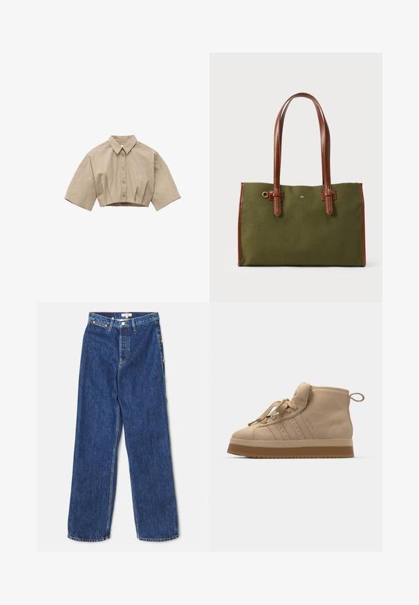 Beiges, kurz geschnittenes Hemd mit kurzen, weiten Ärmeln und klassischem Kragen auf weißem Hintergrund.; Dunkelblaue Jeans aus Denim mit geradem Bein, Fünf-Taschen-Design und Knopfverschluss. Verfügt über Metallverzierungen und sichtbare Nähte.; Beige Wildleder-Hochtop-Sneaker mit einer dicken Gummisohle, ausgestattet mit einer umklappbaren Zunge, runder Spitze und dekorativen Schnürsenkeln.; Grüne rechteckige Tragetasche mit braunen Ledergriffen und -besatz, vorne in der Mitte mit einem kleinen goldenen "W"-Emblem verziert.