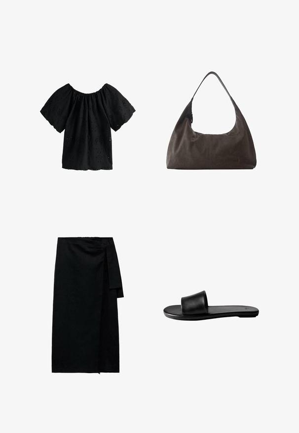 Sort off-shoulder bluse med elastisk halsudskæring, øjletsbroderi og korte pufærmer.; Sort omslagsnederdel lavet af tekstureret stof med knyttet talje, lige silhuet og en let frynset kant. Ingen synlige mønstre eller accenter.; Sort slidesandal med en bred rem over toppen og flad sål, vist fra siden på en hvid baggrund.; Blød mørkebrun læder hobo-taske med enkelt bred rem og subtil central sømdetalje mod hvid baggrund.