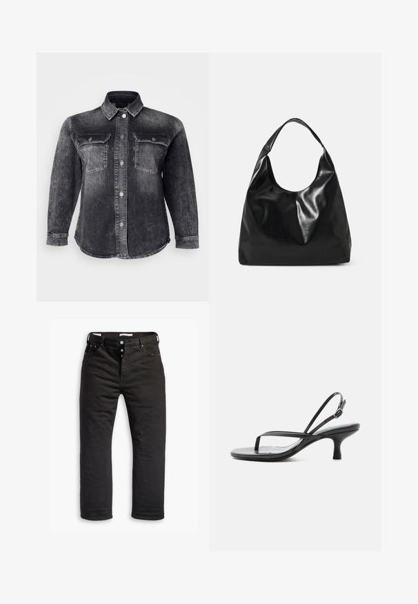 Schwarze Jeansjacke mit durchgehender Knopfleiste, zwei Brusttaschen und klassischem Kragen. Der Stoff hat eine ausgebleichte, strukturierte Oberfläche.; Schwarze Denim-Jeans mit geradem Bein, ausgestattet mit einem Knopfverschluss, fünf Taschen und dezentem Stickdetail. Angenehme Textur.; Schwarze Sandale mit dünnen Riemchen, niedrigem Kittenabsatz, dünner Zehenschlaufe und verstellbarem Knöchelriemen mit silberner Schnalle, vor weißem Hintergrund.; Schwarze Leder-Hobo-Tasche mit einer weichen, glänzenden Textur und einem runden, offenen Oberteil. Verfügt über einen breiten, gebogenen Tragegurt. Keine sichtbaren Beschläge.