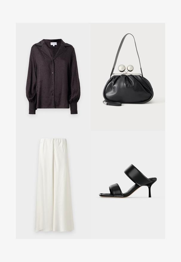 Blouse en satin noir avec un imprimé animal subtil, fermeture à boutons et coupe ample. Dotée de manches bouffantes et de détails smockés aux poignets.; Jupe blanche à jambes larges, fabriquée en tissu lisse avec une taille élastique ; présente des coutures minimales et aucun motif ou détail supplémentaire.; Sandale mule en cuir noir avec deux larges brides et un talon stiletto fin de hauteur moyenne sur un fond clair uni.; Sac à main en cuir noir avec un design plissé, une sangle unique, un cadre métallique argenté et deux grandes fermoirs ronds en argent.