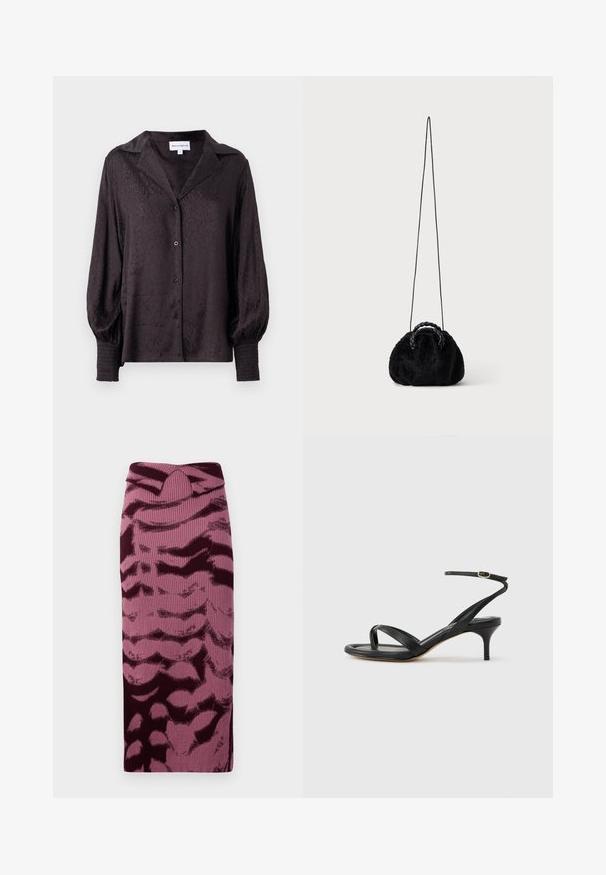 Zwarte satijnen blouse met een subtiele dierenprint, knoopsluiting en een losse pasvorm. Voorzien van pofmouwen en smockdetails bij de manchetten.; Brede gebreide kokerrok in roze en bordeaux tinten, met een geribbelde textuur en abstract patroon. Hoge taille met een subtiele knoopdetail.; Zwarte leren dames sandaal met dunne bandjes, een teengreep, een enkelgesp en een stilettohak van gemiddelde hoogte op een neutrale achtergrond.; Kleine zwarte handtas van namaakbont met gevlochten bovenhandvatten en lange dunne schouderriem op een effen achtergrond.