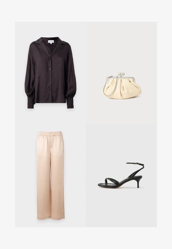 Blouse en satin noir avec un imprimé animal subtil, fermeture à boutons et coupe ample. Dotée de manches bouffantes et de détails smockés aux poignets.; Pantalons larges de couleur beige clair en tissu lisse avec une taille élastique et des coutures minimales, présentant une coupe droite et sans poches.; Sandale pour femme en cuir noir avec fines lanières, une boucle d'orteil, une boucle à la cheville et un talon aiguille de hauteur moyenne sur un fond neutre.; Pochette en cuir beige plissé avec un cadre en métal argenté, dotée de deux fermoirs ronds décoratifs et d'une chaîne en argent.