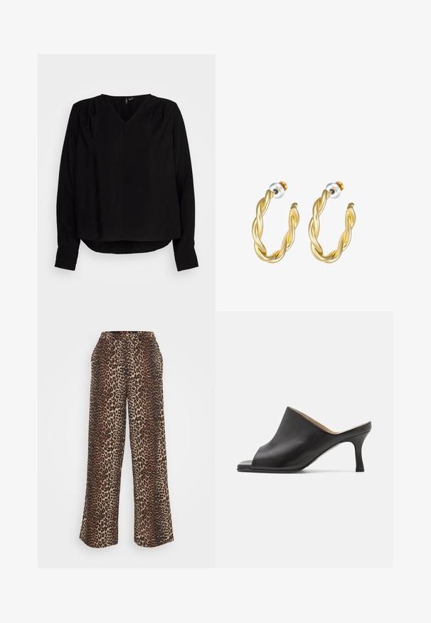 Vero Moda Petite VMLENA - Pluus - black; Leopardimustriga laiade säärepüksid, millel on elastne vöökoht ja küljetaskud, valmistatud pehmest kangast pruuni ja pruuni tooni. ; Selected ASHLEY - Kontsaga tagant lahtised kingad - black; Kuldne keerutatud kõrvarõngad siledast pinnast, läbipaistva tagumise poole ja kuldse tooniga riistvaraga.