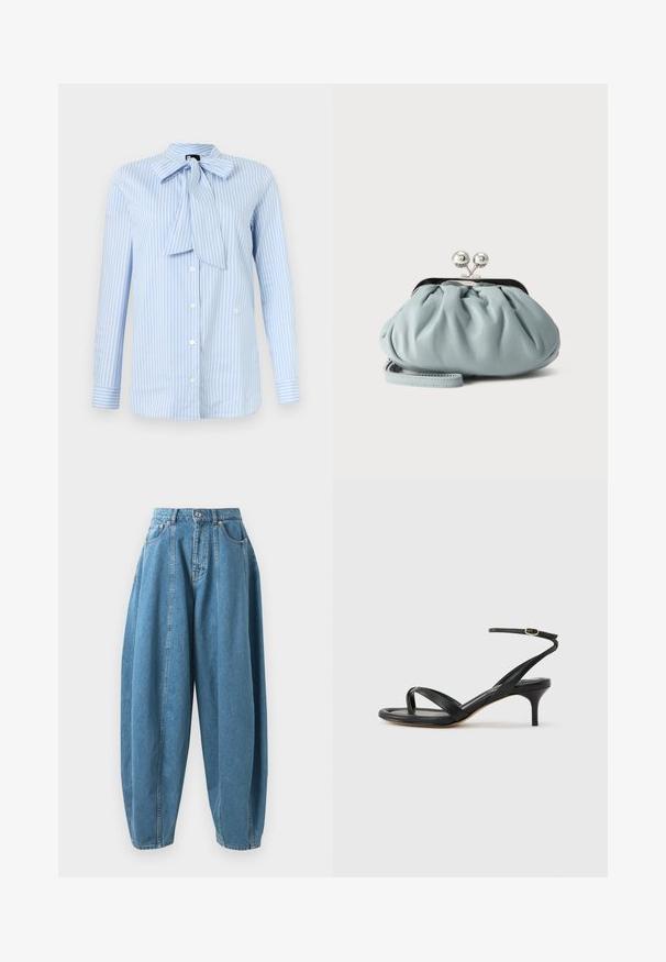 Lyseblå bluse med lange ærmer og hvide lodrette striber, knapper foran og en stor sløjfe bundet ved kraven.; Højtsiddende, løstsiddende blå denim jeans med folder, forlommer, bæltesløjfer og knap- og lynlåslukning.; Sort damesandal i læder med tynde remme, en tå-loop, ankelspænde og en mellemhøj stiletthæl på en neutral baggrund.; Lille lyseblå læder møntpung med sølv metal kysse-lås og kort håndledsrem på ensfarvet baggrund.