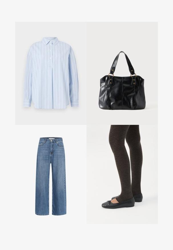 Lichtblauw shirt met lange mouwen en witte verticale strepen, drie witte knopen op de voorplooien en een klassieke kraag op een effen achtergrond.; Blauwe denim wijdvallende jeans met een hoge taille, twee voorzakken en subtiele vervaging. Beschikt over contrasterende stiksels en een klassieke knoopsluiting.; Benen met donkere geribbelde leggings gecombineerd met zwarte ballerina's met kleine strikdetails op een witte achtergrond.; Zwarte leren schoudertas met dubbele bandjes bevestigd met gouden ringen en klinknagels, glad en licht glanzend oppervlak, eenvoudig ontwerp.