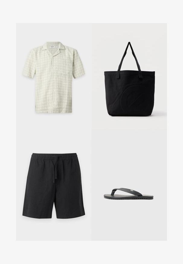 Lysebeige kortærmet skjorte med knapper, med subtilt ternet mønster og en forlommer, lagt fladt ud på en hvid baggrund.; Sorte casual shorts med elastisk talje og snøre foran, knælange, enkelt design, ingen synlige logoer eller mønstre.; Sort flip-flop med teksturerede stropper, flad sål og tandet kant. Fremstillet af gummi med en glat finish og minimalistisk design.; Sort canvas-tote-taske med to skulderstropper og et diskret præget cirkeldesign på fronten.
