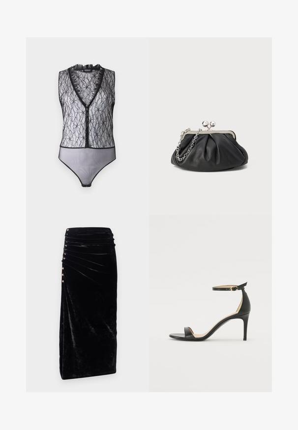 Hofmann Copenhagen EXCLUSIVE MARY - Top - black; Rabanne Bleistiftrock - black; Schwarze Leder-high-heeled Sandale mit Knöchelriemen. Verfügt über eine glatte Textur, offene Zehen und einen dünnen Absatz. Goldfarbener Schnallenakzent.; Schwarze Leder-Clutch mit geraffter Textur, silberfarbener Metallrahmen, Druckverschluss und Kettenriemen. Glatte, weiche Oberfläche.