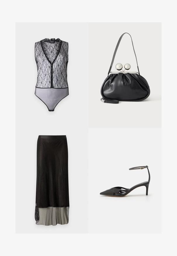 Hofmann Copenhagen EXCLUSIVE MARY - Top - black; Sort mesh midi-nederdel med en tætsiddende talje, åben diamantmønster og en flowy foring i bunden for ekstra bevægelse og tekstur.; Sort læder højhælet sko med spids tå, åbne sider og en tynd ankelrem med en lille guld detalje.; Sort læderhåndtaske med opsamlet design, en enkelt rem, sølv metalramme og to store runde sølv lukninger.