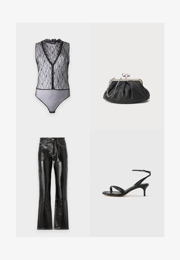 Hofmann Copenhagen EXCLUSIVE MARY - Top - black; Čierne, vysoko pásové, rozšírené nohavice vyrobené z lesklého materiálu s kontrastným bielym prešívaním a predným zipsom. Obsahujú dve predné vrecká.; Čierne kožené sandále pre ženy s tenkými remienkami, očkom na palec, prackou na členku a stredne vysokým ihličkovým podpätkom na neutrálom pozadí.; Čierna kožená kabelka s vrúbkovou textúrou, strieborným kovovým rámom, uzáverom na pobozkanie a retiazkou na nosenie. Hladký, jemný povrch.